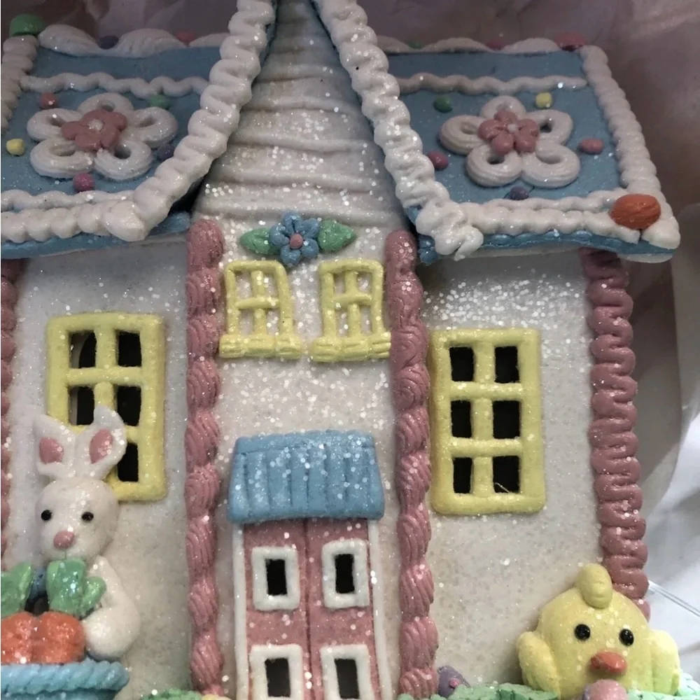 Easter Spring Clay Dough Light Up House 9” White Bunny In Glittered Gingerbread